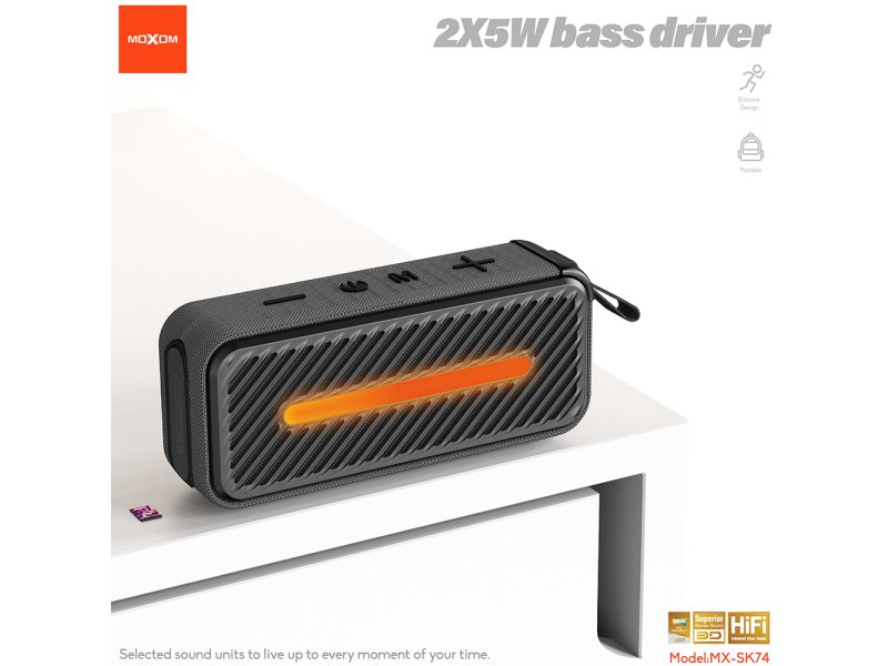 MOXOM MX-SK74 altoparlant Bluetooth 10W me Bluetooth 5.3, bateri 1800mAh, lidhje USB, TF, AUX dhe karikim Type-C. Altoparlant portativ me tingull cilësor, ideal për shtëpi, udhëtime, piknik, zyrë dhe përdorim të përditshëm.