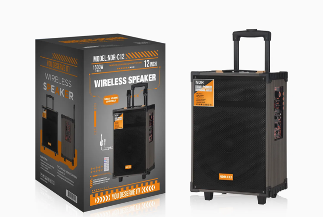 NDR-C12 altoparlant Party Bluetooth 50W me woofer 12 inç, bateri 3600mAh, Bluetooth, USB, TF, Radio FM, TWS, funksion Karaoke, ekran të integruar, mikrofon pa tela dhe telekomandë. Ideal për festa, evente, karaoke dhe përdorim në ambiente të brendshme dhe të jashtme. 