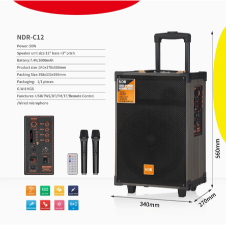 NDR-C12 altoparlant Party Bluetooth 50W me woofer 12 inç, bateri 3600mAh, Bluetooth, USB, TF, Radio FM, TWS, funksion Karaoke, ekran të integruar, mikrofon pa tela dhe telekomandë. Ideal për festa, evente, karaoke dhe përdorim në ambiente të brendshme dhe të jashtme. 