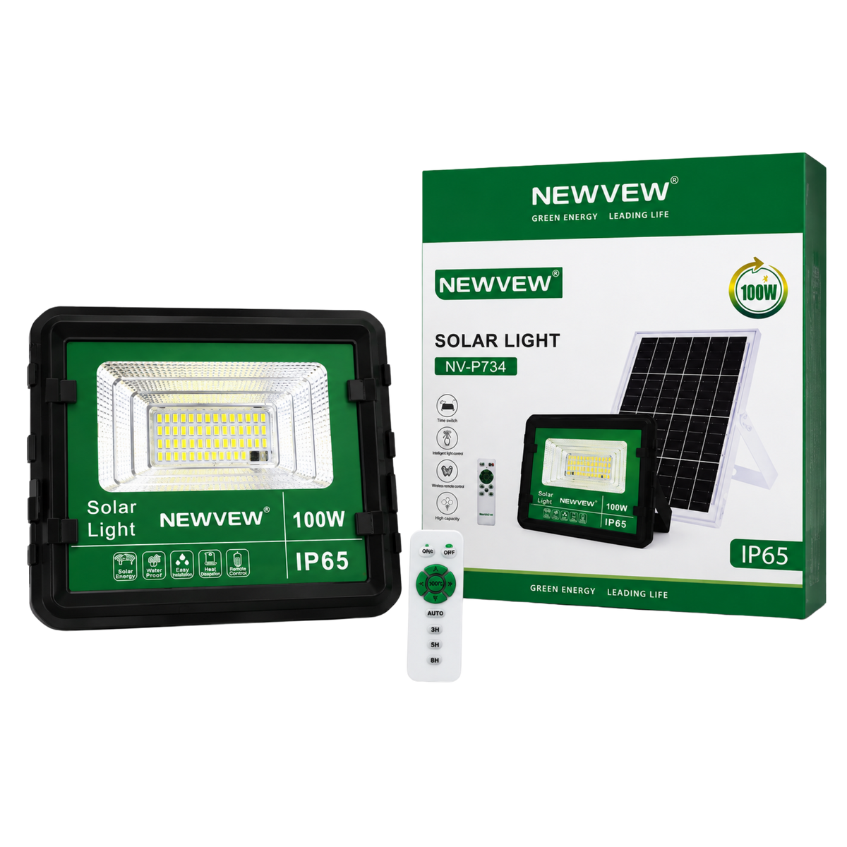NEWVEW NV-P734 100W Solar Light me panel diellor, projektor LED 100W, mbrojtje IP65 ndaj ujit dhe pluhurit, telekomandë me funksione timer 3H/5H/8H, kontroll automatik të dritës, bateri me kapacitet të lartë dhe instalim të lehtë. Ideal për ndriçimin e oborreve, kopshteve, parkingjeve dhe ambienteve të jashtme në Shqipëri.