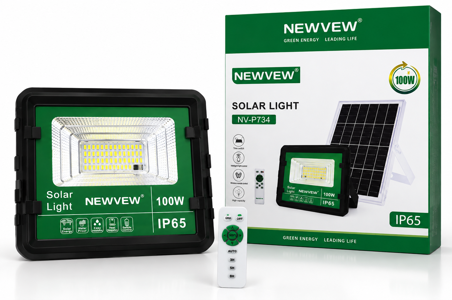 NEWVEW NV-P734 100W Solar Light me panel diellor, projektor LED 100W, mbrojtje IP65 ndaj ujit dhe pluhurit, telekomandë me funksione timer 3H/5H/8H, kontroll automatik të dritës, bateri me kapacitet të lartë dhe instalim të lehtë. Ideal për ndriçimin e oborreve, kopshteve, parkingjeve dhe ambienteve të jashtme në Shqipëri.