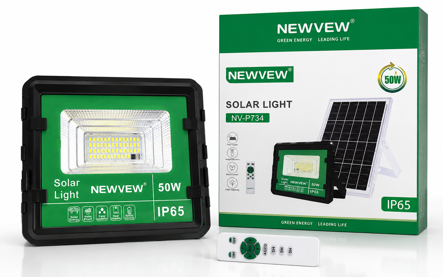 NEWVEW NV-P734 50W Solar Light me panel diellor, projektor LED 50W, mbrojtje IP65 ndaj ujit dhe pluhurit, telekomandë, timer inteligjent, kontroll automatik të dritës, bateri me kapacitet të lartë dhe instalim të lehtë. Ideal për ndriçimin e oborreve, kopshteve, parkingjeve dhe ambienteve të jashtme në Shqipëri. 