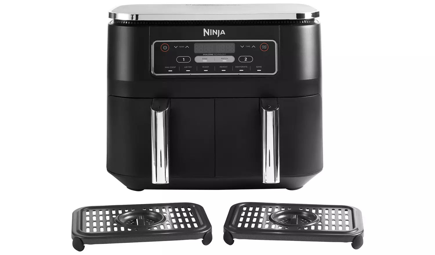 Ninja Foodi Dual Zone Air Fryer AF300UK 7.6L me dy sirtarë të pavarur 3.8L, 6 funksione gatimi, Sync, Match, temperaturë 40–240°C, fuqi 2400W, pjesë që lahen në enëlarëse dhe gatim me pak ose aspak vaj. Fritezë me ajër ideale për familje dhe përdorim të përditshëm në Shqipëri.