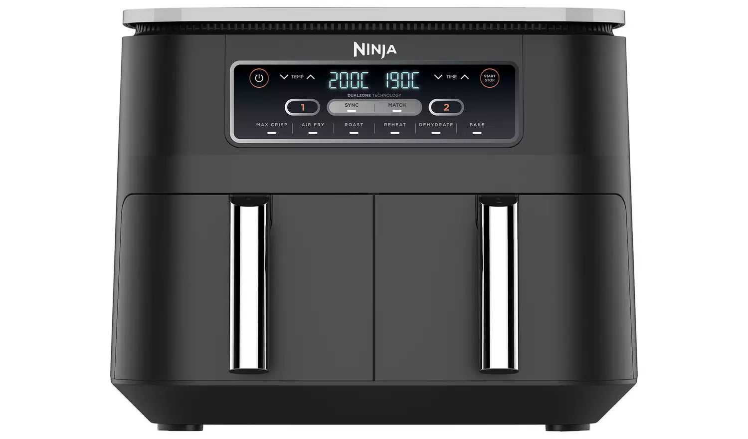 Ninja Foodi Dual Zone Air Fryer AF300UK 7.6L me dy sirtarë të pavarur 3.8L, 6 funksione gatimi, Sync, Match, temperaturë 40–240°C, fuqi 2400W, pjesë që lahen në enëlarëse dhe gatim me pak ose aspak vaj. Fritezë me ajër ideale për familje dhe përdorim të përditshëm në Shqipëri.