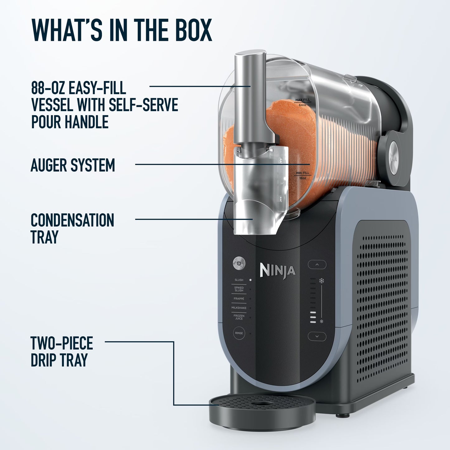 Ninja SLUSHi Professional Frozen Drink Maker FS301 me kapacitet 88 fl oz (2.6L), 5 shpejtësi, fuqi 200W, rezervuar të vetëm, kontroll me shpejtësi të ndryshueshme dhe mundësi për përgatitjen e slush, koktejeve të ngrira dhe pijeve të ftohta pa akull ose blender. I mban pijet të ngrira deri në 12 orë.