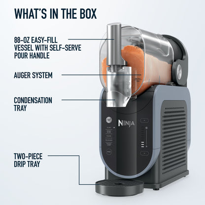Ninja SLUSHi Professional Frozen Drink Maker FS301 me kapacitet 88 fl oz (2.6L), 5 shpejtësi, fuqi 200W, rezervuar të vetëm, kontroll me shpejtësi të ndryshueshme dhe mundësi për përgatitjen e slush, koktejeve të ngrira dhe pijeve të ftohta pa akull ose blender. I mban pijet të ngrira deri në 12 orë.