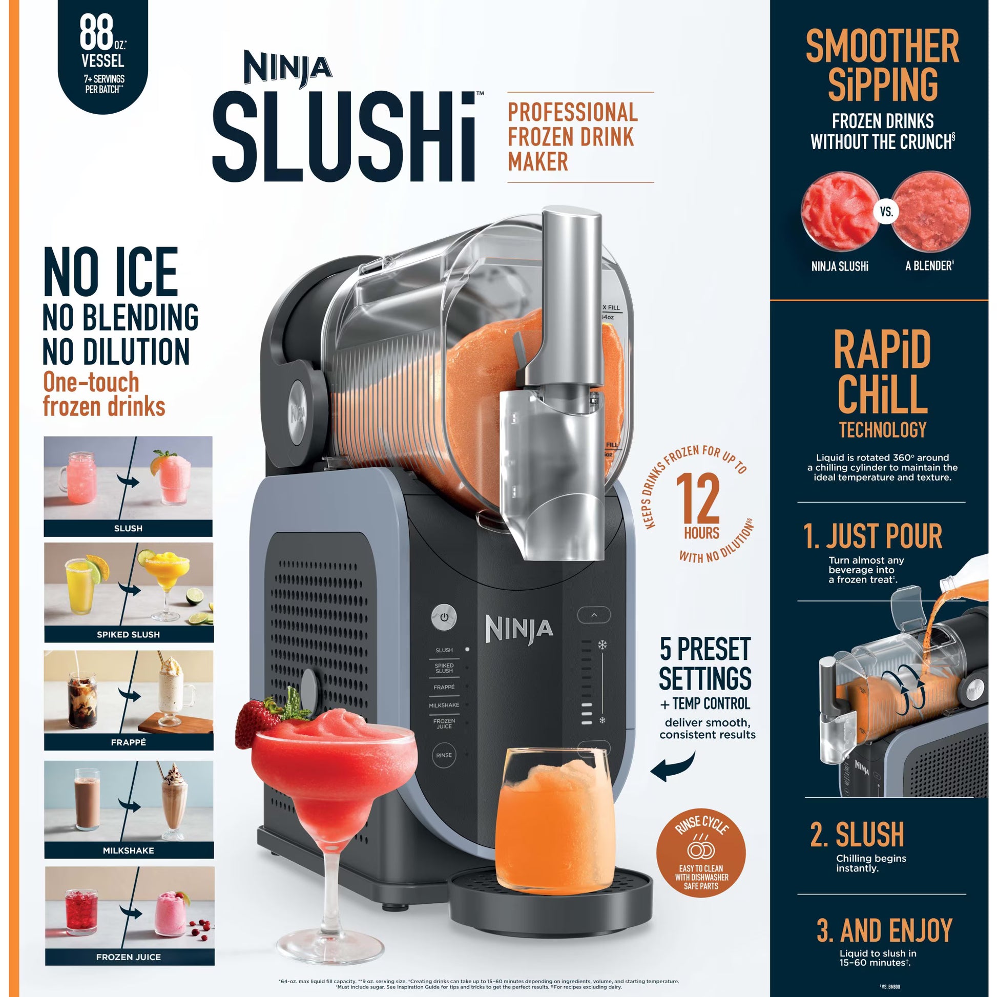 Ninja SLUSHi Professional Frozen Drink Maker FS301 me kapacitet 88 fl oz (2.6L), 5 shpejtësi, fuqi 200W, rezervuar të vetëm, kontroll me shpejtësi të ndryshueshme dhe mundësi për përgatitjen e slush, koktejeve të ngrira dhe pijeve të ftohta pa akull ose blender. I mban pijet të ngrira deri në 12 orë.