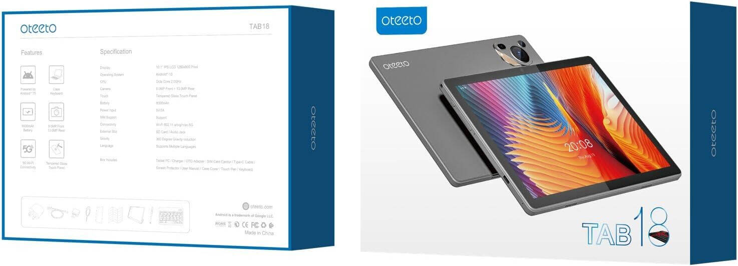 Oteeto Tab 18 tablet 10.1 inç me ekran IPS 1280×800, procesor Octa-Core 2.0GHz, 8GB RAM, 512GB memorie, Android 14, rrjet 4G, kamerë 13MP, kamerë selfie 8MP, bateri 8000mAh, tastierë Bluetooth, stilolaps, Flip Cover dhe OTG Adapter. Tablet ideal për punë, mësim, lojëra dhe argëtim në Shqipëri.