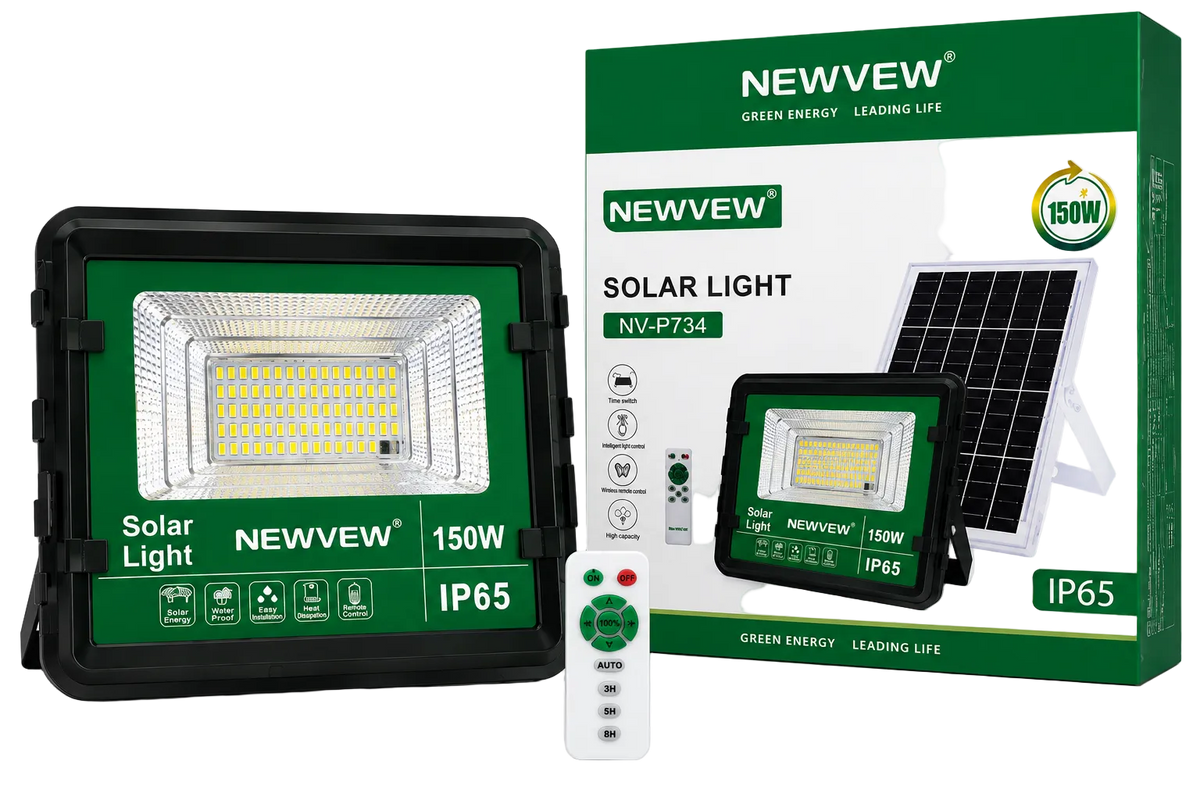 Prozhektor me panel diellor 150W NEWVEW NV-P734 për ndriçimin e oborrit, kopshtit dhe ambienteve të jashtme