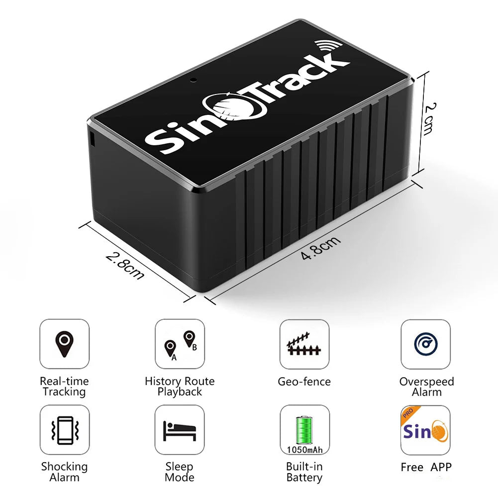 SinoTrack ST-903 Mini GPS Tracker me bateri 1050mAh, gjurmim GPS/GPRS/GSM/SMS në kohë reale, Geo-Fence, historik të rrugëve, alarm shpejtësie, aplikacion falas SinoTrack PRO dhe SIM GSM Quad-Band 2G. Pajisje ideale për gjurmimin e kafshëve shtëpiake, fëmijëve, personave dhe automjeteve në Shqipëri.