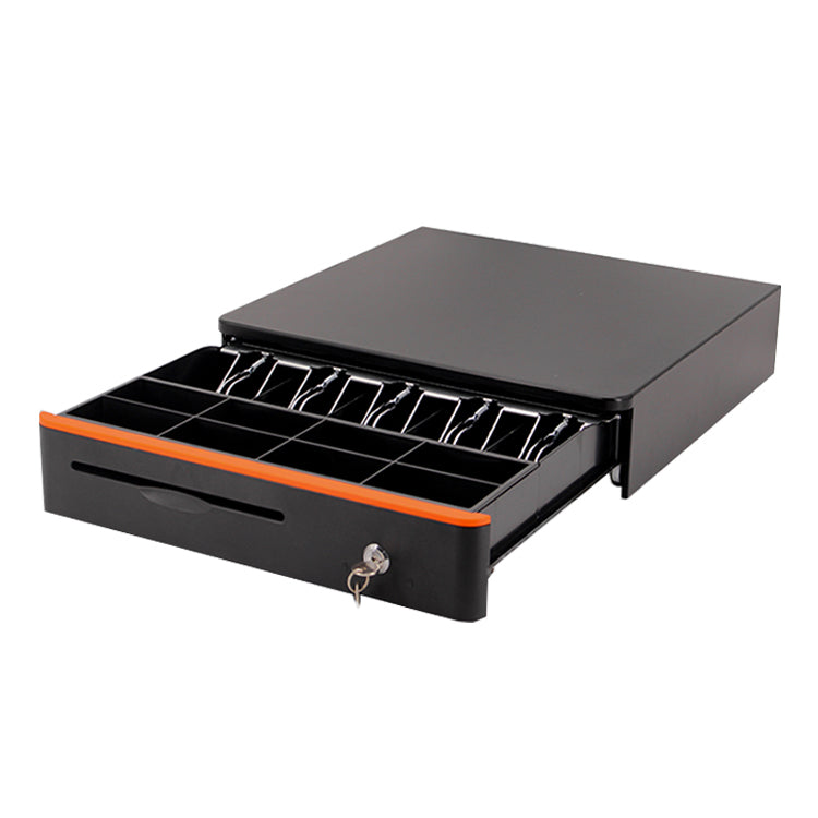 Senraise kasë elektronike për para 405×400×88mm me lidhje RJ11/RJ12, kyçje me 3 pozicione, 5 ndarje për kartëmonedha dhe trup metalik për POS dhe printer faturash.