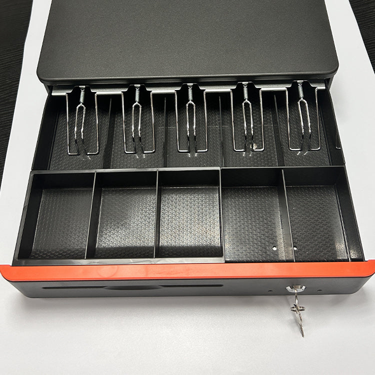 Senraise kasë elektronike për para 405×400×88mm me lidhje RJ11/RJ12, kyçje me 3 pozicione, 5 ndarje për kartëmonedha dhe trup metalik për POS dhe printer faturash.