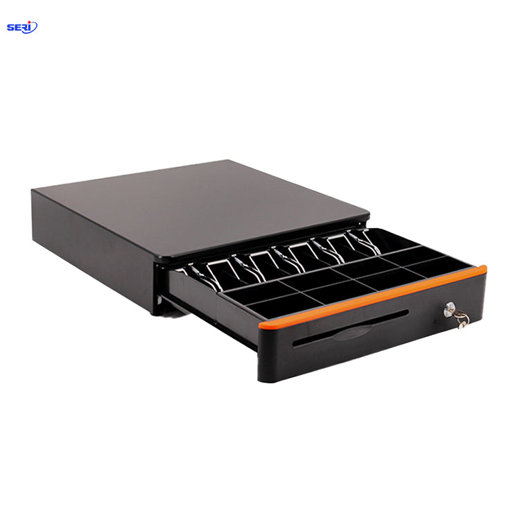 Senraise kasë elektronike për para 405×400×88mm me lidhje RJ11/RJ12, kyçje me 3 pozicione, 5 ndarje për kartëmonedha dhe trup metalik për POS dhe printer faturash.
