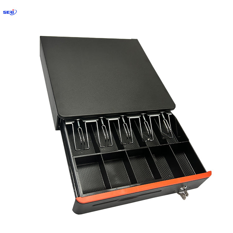 Senraise kasë elektronike për para 405×400×88mm me lidhje RJ11/RJ12, kyçje me 3 pozicione, 5 ndarje për kartëmonedha dhe trup metalik për POS dhe printer faturash.