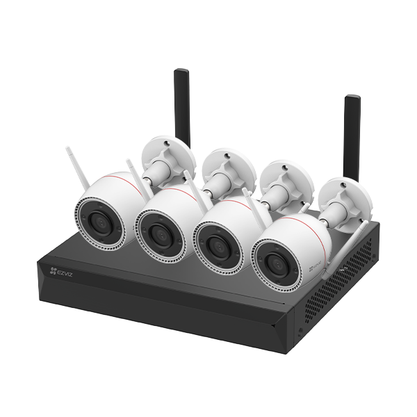 Set kamerash sigurie EZVIZ H3c 2K+ me 4 kamera WiFi 4MP, NVR 8 kanale, shikim natën IR 30m, zbulim inteligjent të personave, regjistrim H.265 dhe mbrojtje IP67.