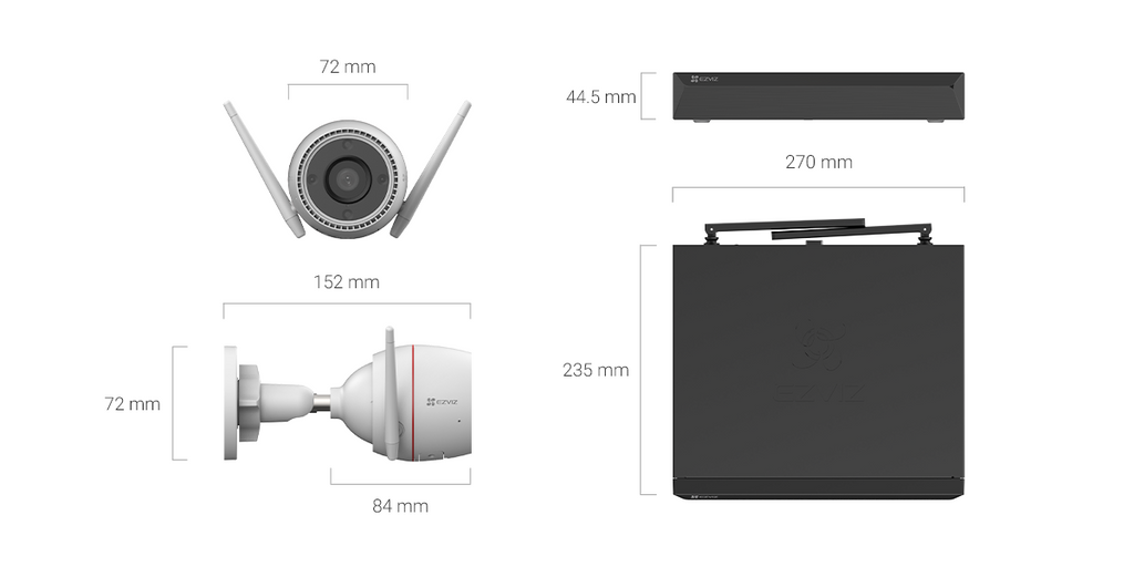 Set kamerash sigurie EZVIZ H3c 2K+ me 4 kamera WiFi 4MP, NVR 8 kanale, shikim natën IR 30m, zbulim inteligjent të personave, regjistrim H.265 dhe mbrojtje IP67.