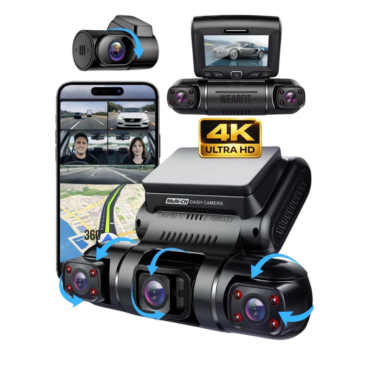 Sonreir X19 Premium kamerë për makinë 4K me 4 lente, GPS të integruar, WiFi, Vision natën, Motion Detection, G-Sensor, Park Mode 24/7 dhe regjistrim Loop. Dash Cam profesionale për siguri maksimale gjatë vozitjes dhe parkimit në Shqipëri.