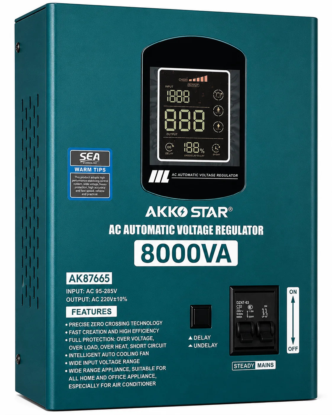 Stabilizator AKKOSTAR 8000VA 8kVA, rregullator automatik tensioni 95–285V AC me dalje 220V ±10%, ekran LCD dhe mbrojtje për pajisjet elektrike.
