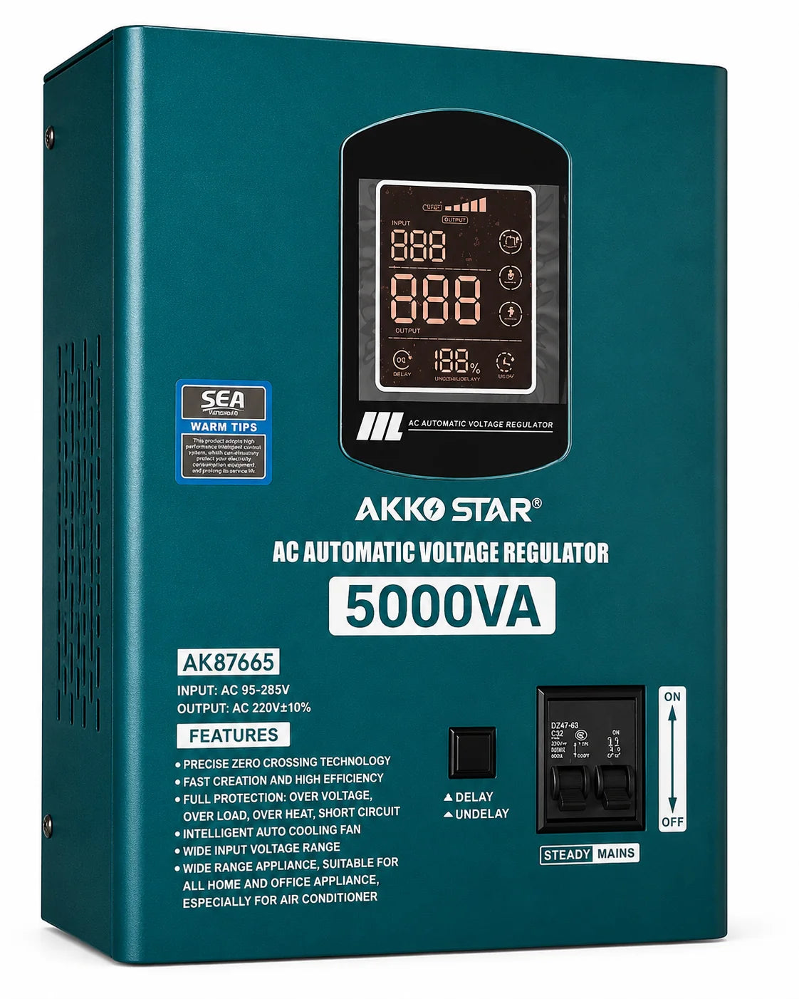 Stabilizator AKKOSTAR COK95 5000VA 5kVA, rregullator automatik tensioni 95–280V me dalje 220V, ekran dixhital dhe mbrojtje për pajisjet elektrike. 