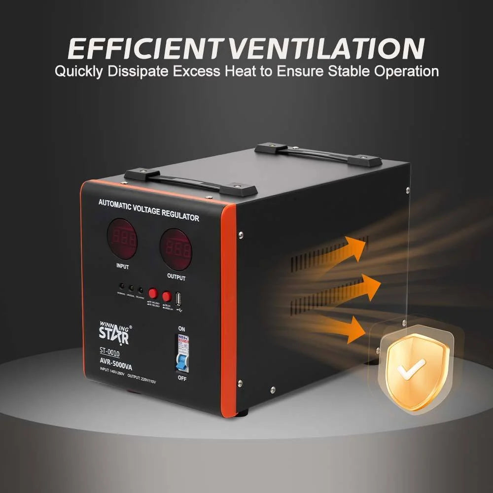 Stabilizator tensioni WINNING STAR ST-00010 5000VA 5kVA me AVR, ekran dixhital, hyrje 100–260V dhe mbrojtje nga tensioni i lartë dhe i ulët. 