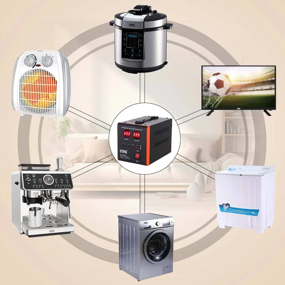 Stabilizator tensioni WINNING STAR ST-0006 2000VA me AVR, display dixhital, hyrje 100–260V, mbrojtje nga tensioni i lartë dhe i ulët, 50/60Hz.