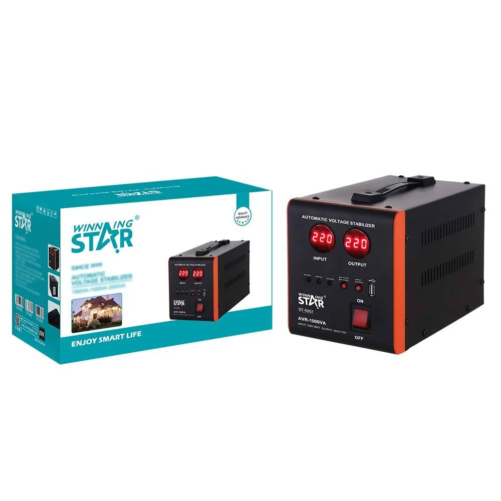 Stabilizator tensioni WINNING STAR ST-0007 1000VA me AVR, ekran dixhital, hyrje 100–260V, dalje 220–110V dhe mbrojtje nga tensioni i lartë dhe i ulët. 