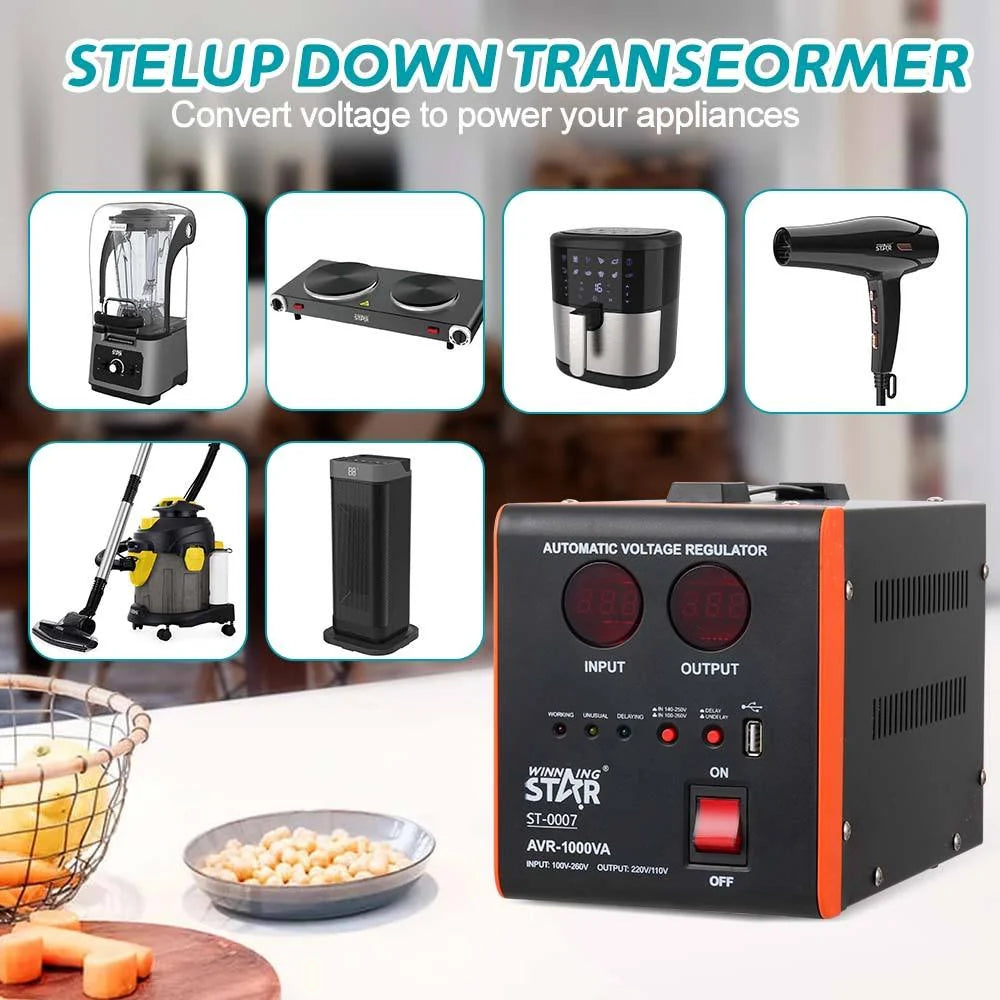 Stabilizator tensioni WINNING STAR ST-0007 1000VA me AVR, ekran dixhital, hyrje 100–260V, dalje 220–110V dhe mbrojtje nga tensioni i lartë dhe i ulët. 