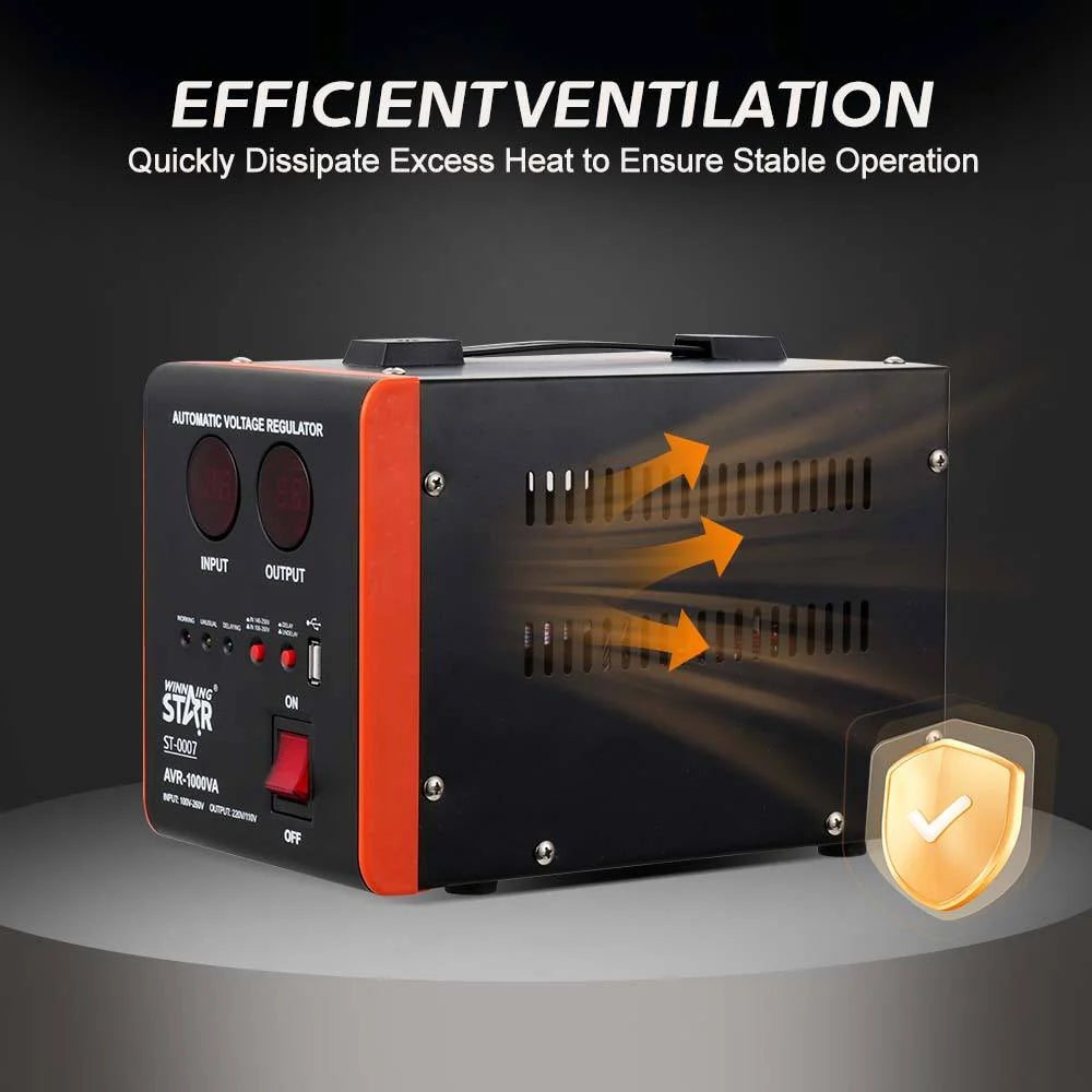 Stabilizator tensioni WINNING STAR ST-0007 1000VA me AVR, ekran dixhital, hyrje 100–260V, dalje 220–110V dhe mbrojtje nga tensioni i lartë dhe i ulët. 