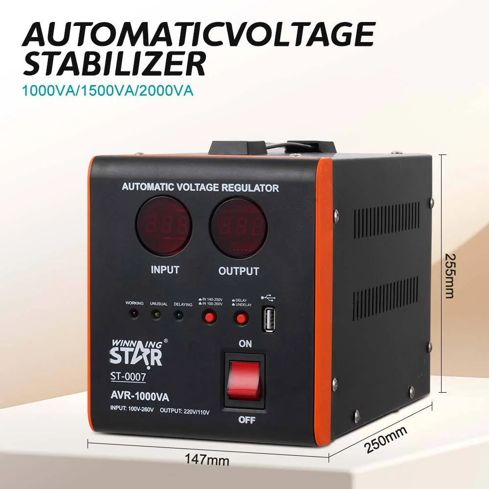 Stabilizator tensioni WINNING STAR ST-0007 1000VA me AVR, ekran dixhital, hyrje 100–260V, dalje 220–110V dhe mbrojtje nga tensioni i lartë dhe i ulët. 