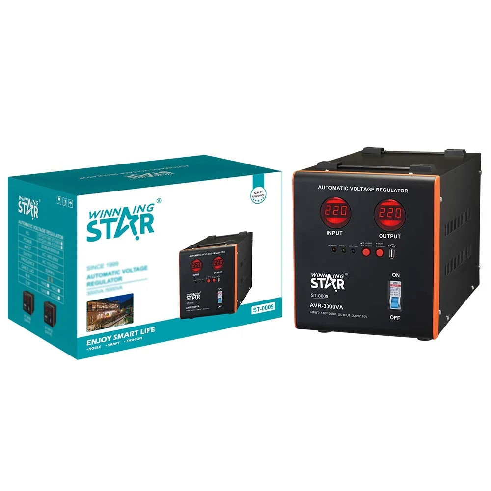 Stabilizator tensioni WINNING STAR ST-0009 3000VA me AVR, ekran dixhital, hyrje 100–260V, dalje 220–110V dhe mbrojtje nga luhatjet e tensionit.