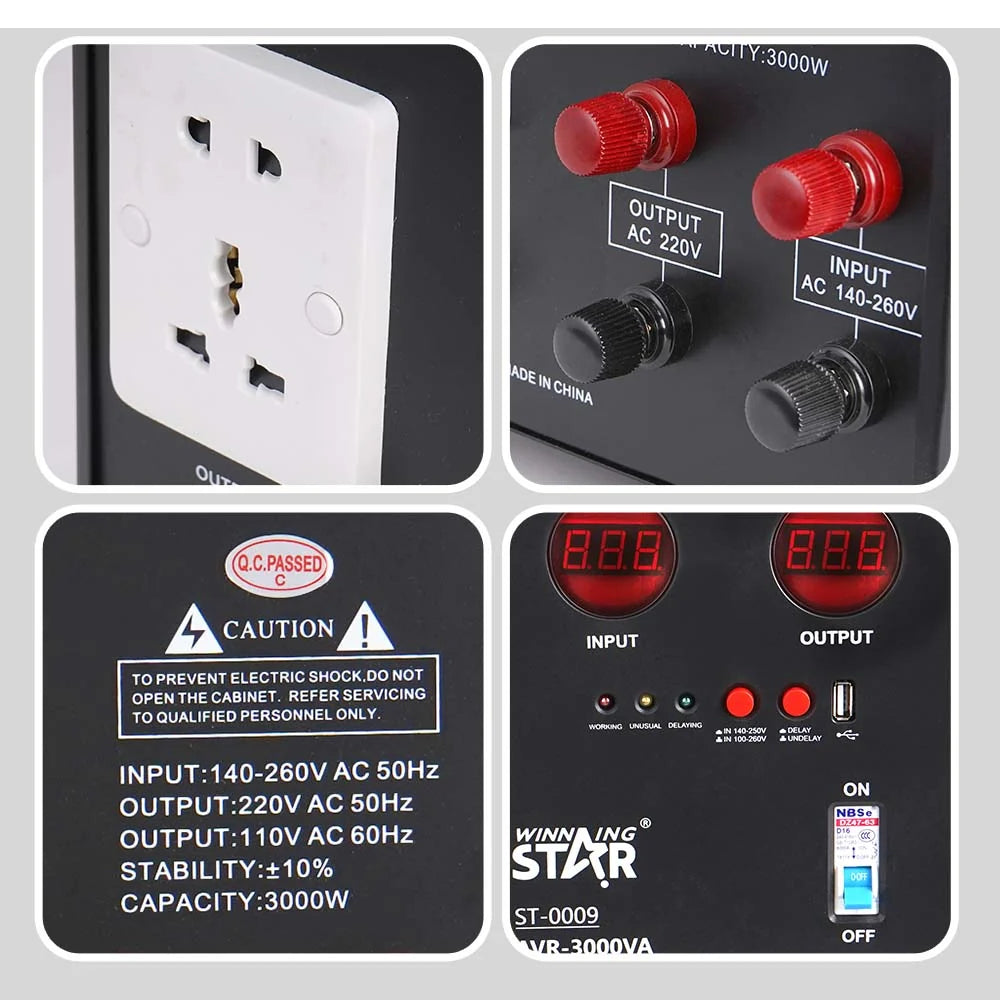 Stabilizator tensioni WINNING STAR ST-0009 3000VA me AVR, ekran dixhital, hyrje 100–260V, dalje 220–110V dhe mbrojtje nga luhatjet e tensionit.