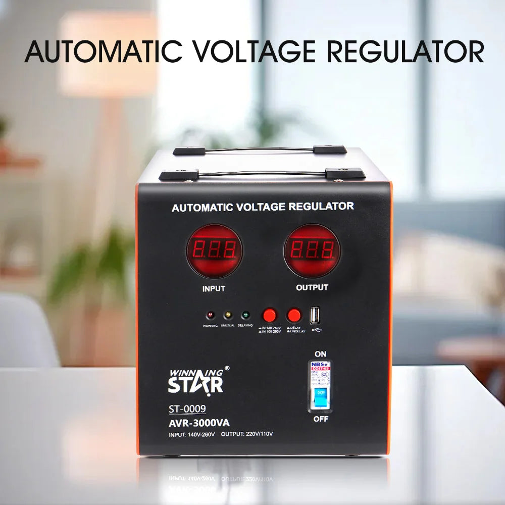 Stabilizator tensioni WINNING STAR ST-0009 3000VA me AVR, ekran dixhital, hyrje 100–260V, dalje 220–110V dhe mbrojtje nga luhatjet e tensionit.