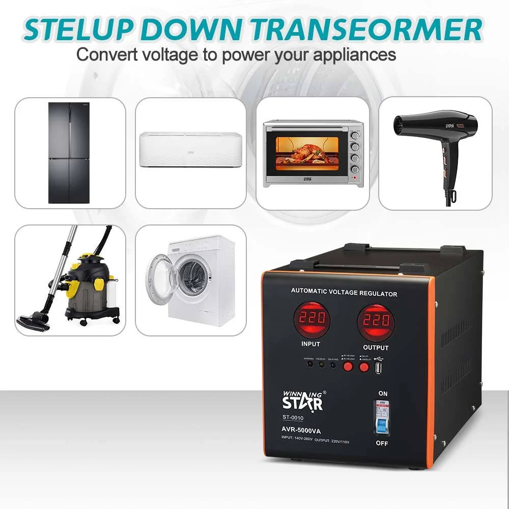 Stabilizator tensioni WINNING STAR ST-00010 5000VA 5kVA me AVR, ekran dixhital, hyrje 100–260V dhe mbrojtje nga tensioni i lartë dhe i ulët. 