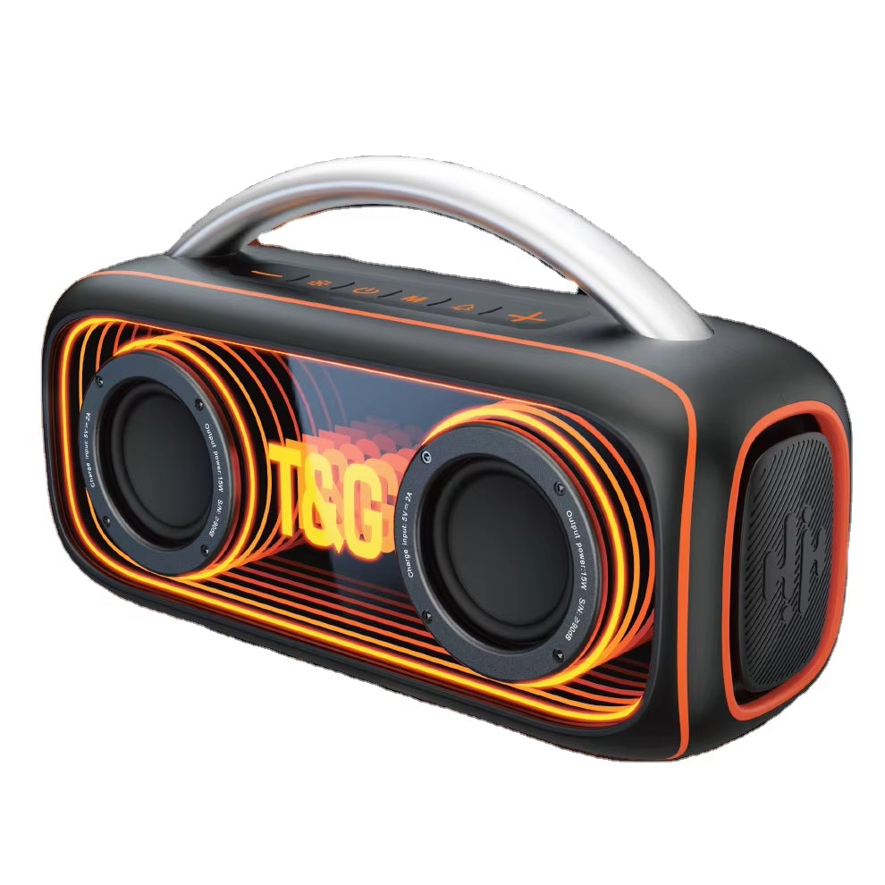 TG-458 altoparlant Bluetooth 30W me super bass, drita RGB LED, rezistencë IPX4 ndaj spërkatjeve, bateri 2000–3000mAh dhe tingull Full-Range. Altoparlant portativ ideal për shtëpi, plazh, kamping, udhëtime dhe festa.