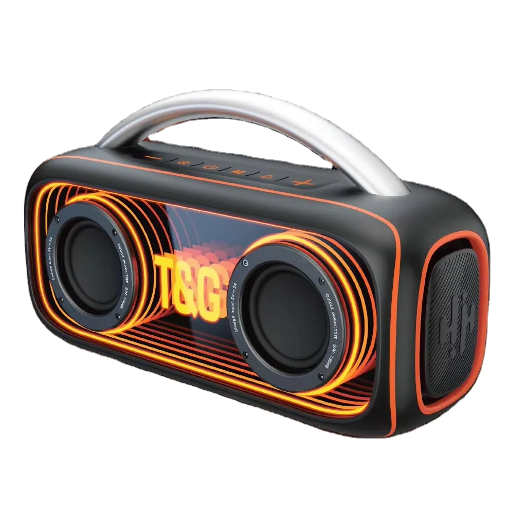 TG-458 altoparlant Bluetooth 30W me super bass, drita RGB LED, rezistencë IPX4 ndaj spërkatjeve, bateri 2000–3000mAh dhe tingull Full-Range. Altoparlant portativ ideal për shtëpi, plazh, kamping, udhëtime dhe festa.