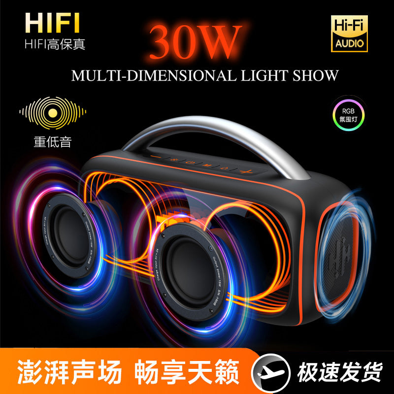 TG-458 altoparlant Bluetooth 30W me super bass, drita RGB LED, rezistencë IPX4 ndaj spërkatjeve, bateri 2000–3000mAh dhe tingull Full-Range. Altoparlant portativ ideal për shtëpi, plazh, kamping, udhëtime dhe festa.