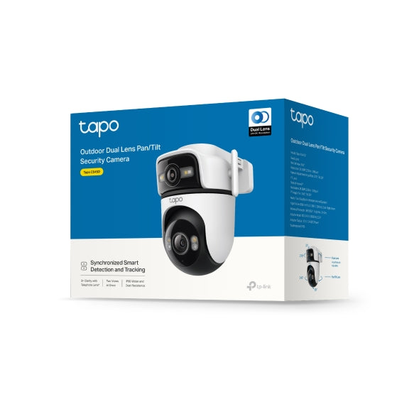 TP-Link Tapo C545D kamerë sigurie WiFi me dy lente 2K 3MP, Pan Tilt, kënd 165°, lente telefoto 6 mm, Smart Tracking, AI për persona, automjete dhe kafshë, Color Night Vision, Ethernet, IP66, audio me dy drejtime, microSD deri në 512GB dhe mbështetje për Alexa, Google Assistant dhe SmartThings.