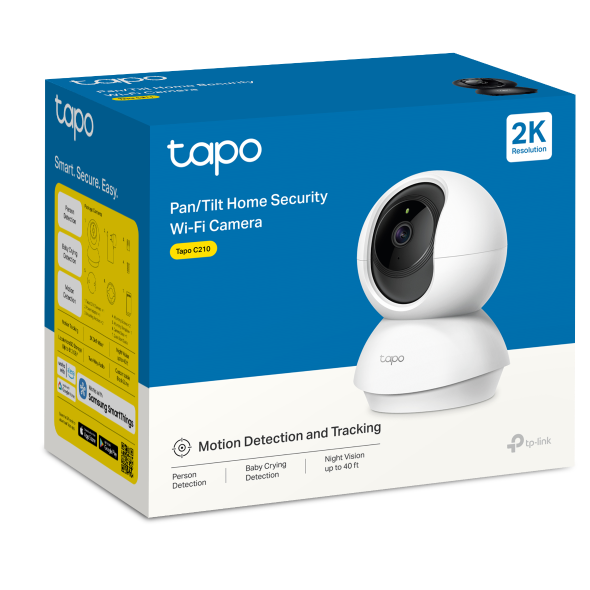 TP-Link Tapo C210 kamerë sigurie WiFi 2K 3MP me rrotullim 360° horizontal dhe 114° vertikal, vizion nate deri në 9 metra, zbulim inteligjent të lëvizjes, audio me dy drejtime, mbështetje microSD deri në 512GB, Privacy Mode, aplikacion Tapo, Google Assistant dhe Amazon Alexa. Ideale për shtëpi dhe biznese në Shqipëri.
