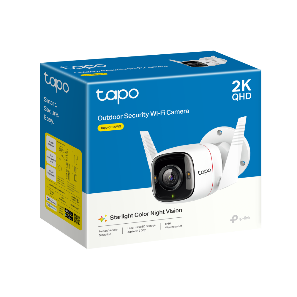 TP-Link Tapo C320WS V2.20 kamerë sigurie WiFi 2K për ambiente të jashtme me rezolucion të lartë, AI për zbulimin e personave dhe automjeteve, Color Night Vision me Spotlight, lidhje WiFi dhe Ethernet, zona të personalizuara monitorimi, njoftime inteligjente në aplikacionin Tapo dhe performancë të besueshme për shtëpi dhe biznese në Shqipëri.