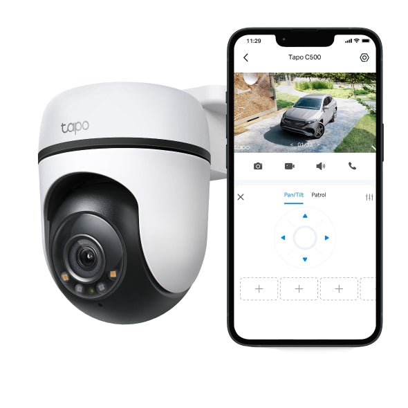 TP-Link Tapo C500 kamerë sigurie WiFi PTZ për ambiente të jashtme me rezolucion Full HD 1080p, rrotullim 360°, vizion nate deri në 30 metra, AI Person Detection, Motion Detection, Tamper Detection, audio me dy drejtime, sirenë 90 dB, ONVIF, RTSP, microSD deri në 512GB, IP65, Google Assistant dhe Alexa.