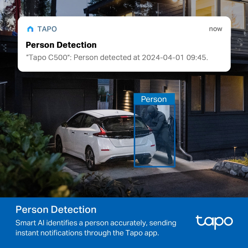 TP-Link Tapo C500 kamerë sigurie WiFi PTZ për ambiente të jashtme me rezolucion Full HD 1080p, rrotullim 360°, vizion nate deri në 30 metra, AI Person Detection, Motion Detection, Tamper Detection, audio me dy drejtime, sirenë 90 dB, ONVIF, RTSP, microSD deri në 512GB, IP65, Google Assistant dhe Alexa.