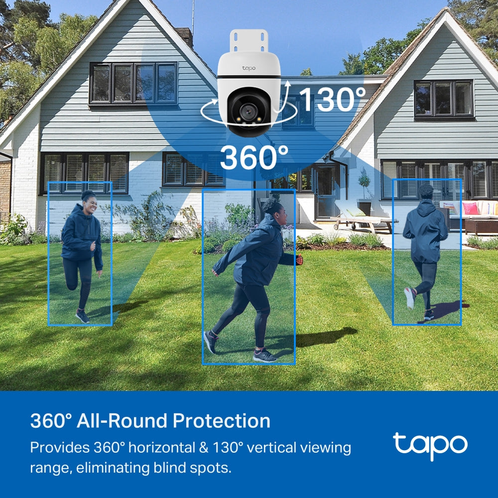 TP-Link Tapo C500 kamerë sigurie WiFi PTZ për ambiente të jashtme me rezolucion Full HD 1080p, rrotullim 360°, vizion nate deri në 30 metra, AI Person Detection, Motion Detection, Tamper Detection, audio me dy drejtime, sirenë 90 dB, ONVIF, RTSP, microSD deri në 512GB, IP65, Google Assistant dhe Alexa.