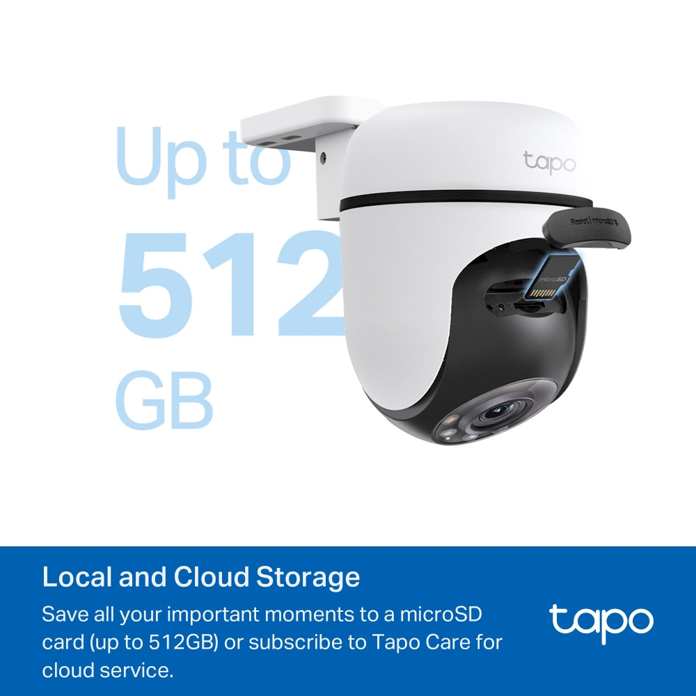 TP-Link Tapo C500 kamerë sigurie WiFi PTZ për ambiente të jashtme me rezolucion Full HD 1080p, rrotullim 360°, vizion nate deri në 30 metra, AI Person Detection, Motion Detection, Tamper Detection, audio me dy drejtime, sirenë 90 dB, ONVIF, RTSP, microSD deri në 512GB, IP65, Google Assistant dhe Alexa.