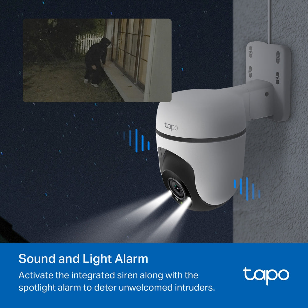 TP-Link Tapo C500 kamerë sigurie WiFi PTZ për ambiente të jashtme me rezolucion Full HD 1080p, rrotullim 360°, vizion nate deri në 30 metra, AI Person Detection, Motion Detection, Tamper Detection, audio me dy drejtime, sirenë 90 dB, ONVIF, RTSP, microSD deri në 512GB, IP65, Google Assistant dhe Alexa.
