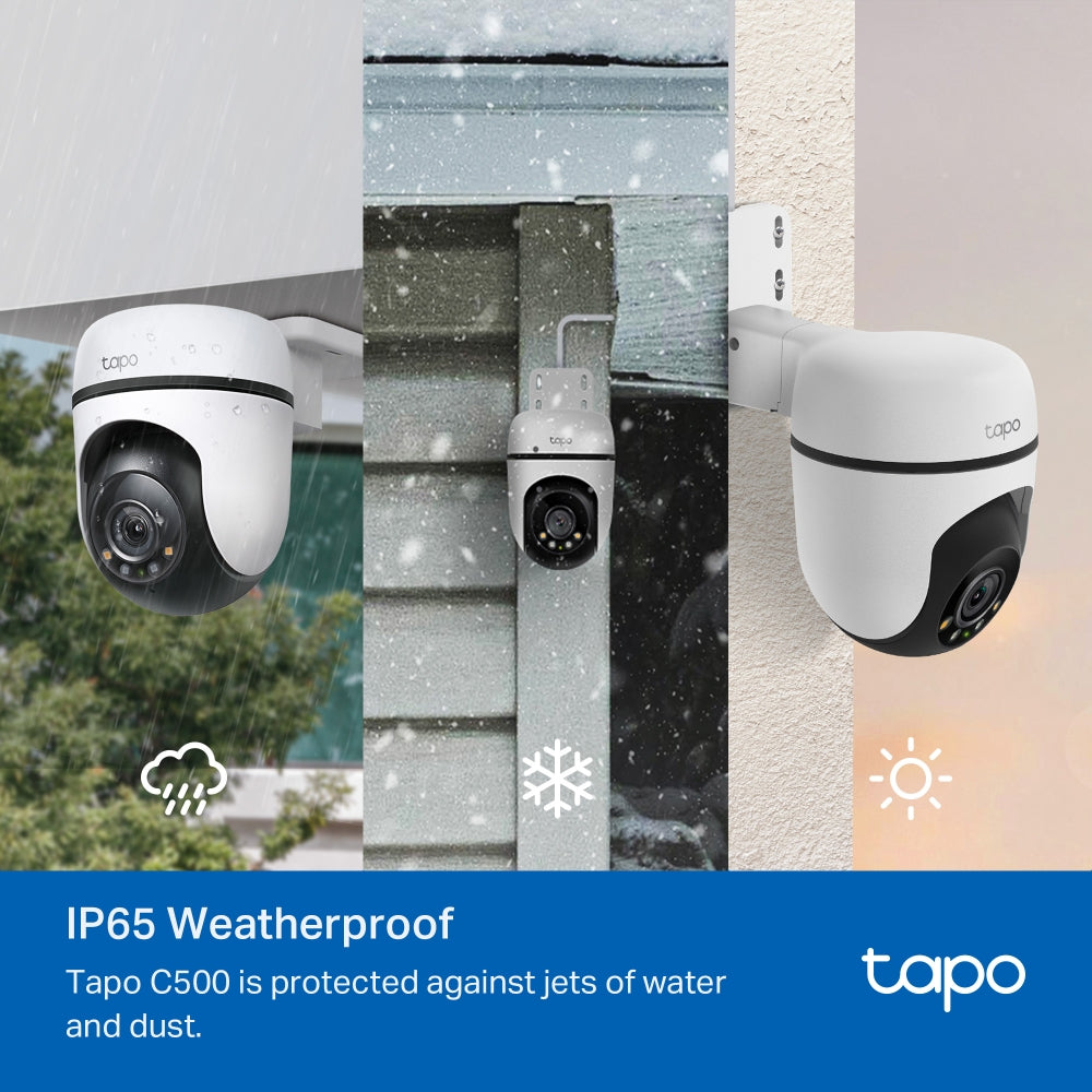 TP-Link Tapo C500 kamerë sigurie WiFi PTZ për ambiente të jashtme me rezolucion Full HD 1080p, rrotullim 360°, vizion nate deri në 30 metra, AI Person Detection, Motion Detection, Tamper Detection, audio me dy drejtime, sirenë 90 dB, ONVIF, RTSP, microSD deri në 512GB, IP65, Google Assistant dhe Alexa.