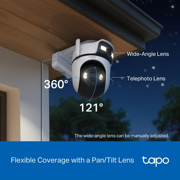 TP-Link Tapo C545D kamerë sigurie WiFi me dy lente 2K 3MP, Pan Tilt, kënd 165°, lente telefoto 6 mm, Smart Tracking, AI për persona, automjete dhe kafshë, Color Night Vision, Ethernet, IP66, audio me dy drejtime, microSD deri në 512GB dhe mbështetje për Alexa, Google Assistant dhe SmartThings.