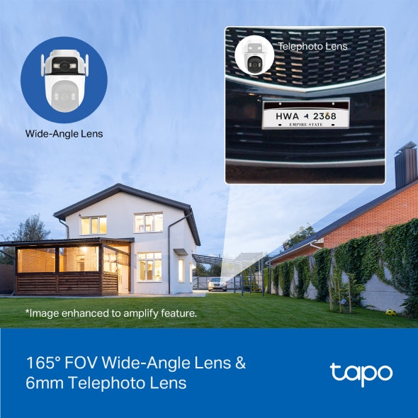 TP-Link Tapo C545D kamerë sigurie WiFi me dy lente 2K 3MP, Pan Tilt, kënd 165°, lente telefoto 6 mm, Smart Tracking, AI për persona, automjete dhe kafshë, Color Night Vision, Ethernet, IP66, audio me dy drejtime, microSD deri në 512GB dhe mbështetje për Alexa, Google Assistant dhe SmartThings.