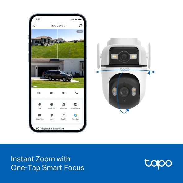 TP-Link Tapo C545D kamerë sigurie WiFi me dy lente 2K 3MP, Pan Tilt, kënd 165°, lente telefoto 6 mm, Smart Tracking, AI për persona, automjete dhe kafshë, Color Night Vision, Ethernet, IP66, audio me dy drejtime, microSD deri në 512GB dhe mbështetje për Alexa, Google Assistant dhe SmartThings.