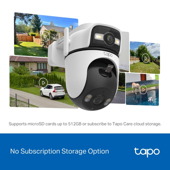 TP-Link Tapo C545D kamerë sigurie WiFi me dy lente 2K 3MP, Pan Tilt, kënd 165°, lente telefoto 6 mm, Smart Tracking, AI për persona, automjete dhe kafshë, Color Night Vision, Ethernet, IP66, audio me dy drejtime, microSD deri në 512GB dhe mbështetje për Alexa, Google Assistant dhe SmartThings.