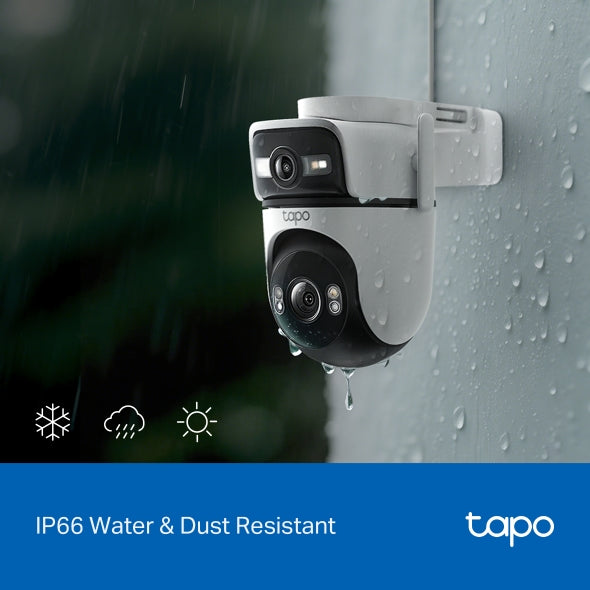 TP-Link Tapo C545D kamerë sigurie WiFi me dy lente 2K 3MP, Pan Tilt, kënd 165°, lente telefoto 6 mm, Smart Tracking, AI për persona, automjete dhe kafshë, Color Night Vision, Ethernet, IP66, audio me dy drejtime, microSD deri në 512GB dhe mbështetje për Alexa, Google Assistant dhe SmartThings.